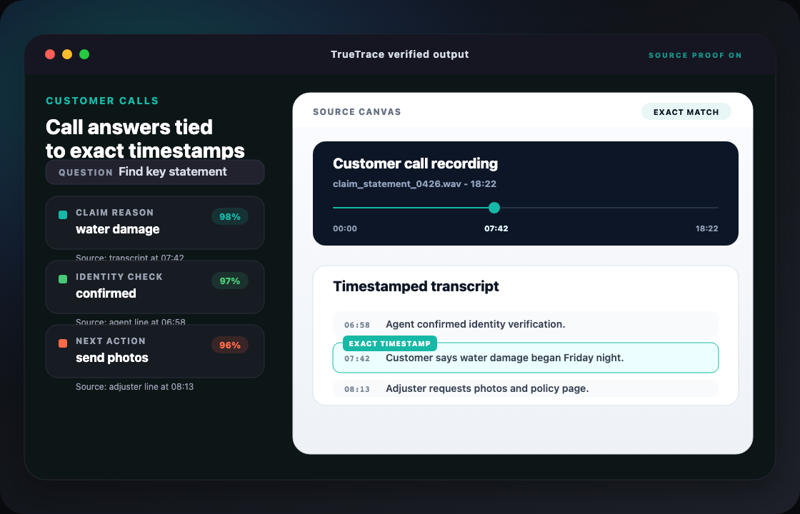 TrueTrace verified output for customer call timestamp review